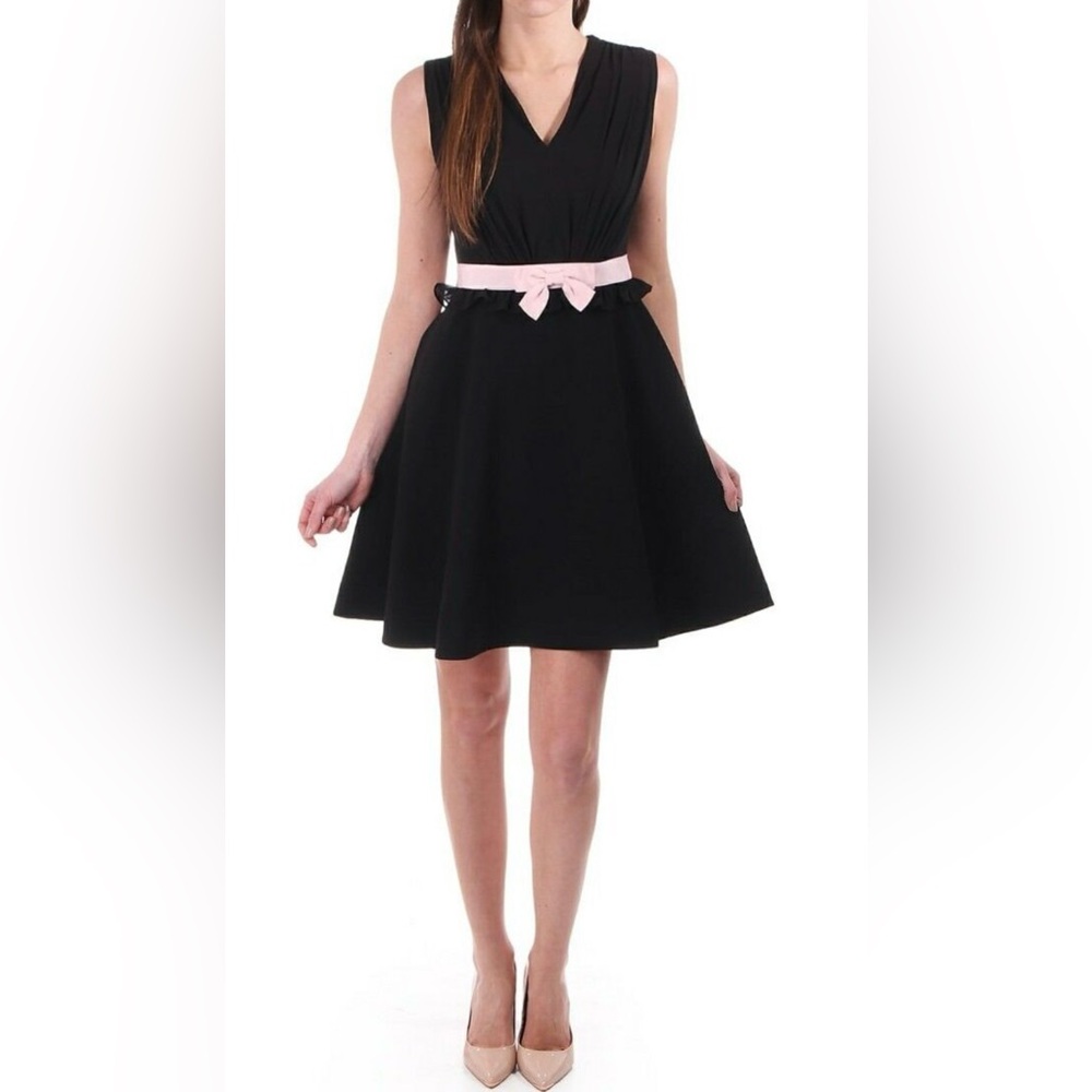 Ted Baker VEXI Black Full Skirt Mini Dress Bow Detail At Waist Size 1 US Size 4